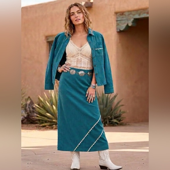 Vintage New Frontier Teal Suede 2-Piece Set Beaded Shirt Jacket & Midi Skirt L - Picture 2 of 16